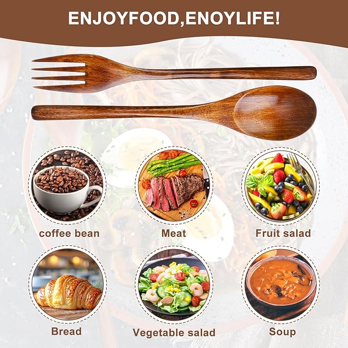 6 Pcs Wooden Forks and Spoons Reusable Wooden Spoons Forks Set Eating Utensil - Image 3
