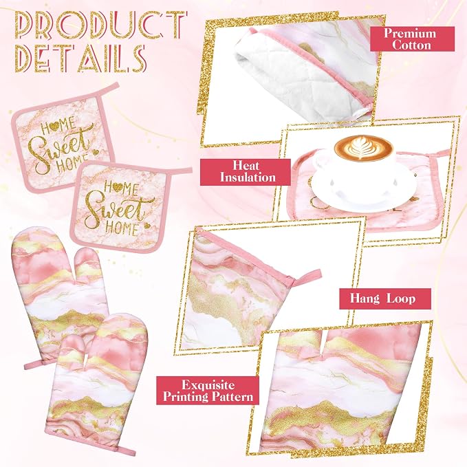 Bencailor Light Pink 6 Pcs Marble Kitchen Decor Gold Pot Holders Oven Mitts 2 - Image 5