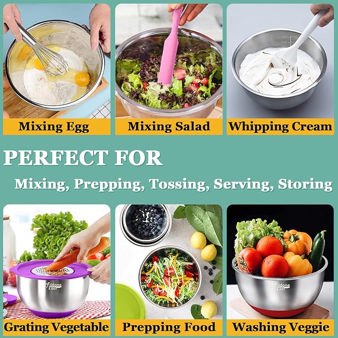 Wildone Mixing Bowls with Airtight Lids, 3 Grater Attachments, Measurement - Image 4