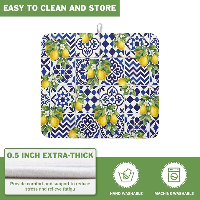 Lemon and Blue Tile Dish Drying Mat 16x18 Inch Absorbent Reversible Mexican - Image 5