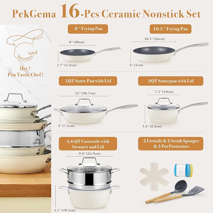 PekGema 16 Pcs Ceramic Cookware Sets, Pots and Pans Set Nonstick, Non Toxic - Image 2