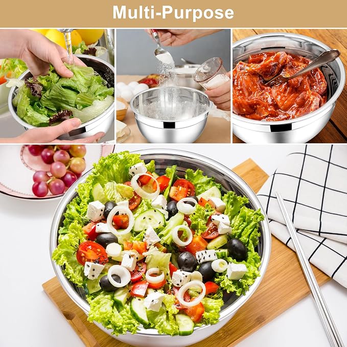 E-far Mixing Bowls with Lids, 6-Piece Stainless Steel Salad Bowls Metal Nesting - Image 4