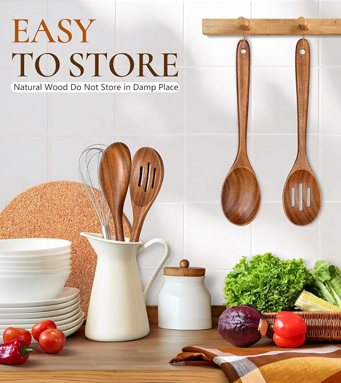 2Pcs Wooden Spoons for Cooking, Natural Premium Teak Wooden Spoon & Slotted - Image 6