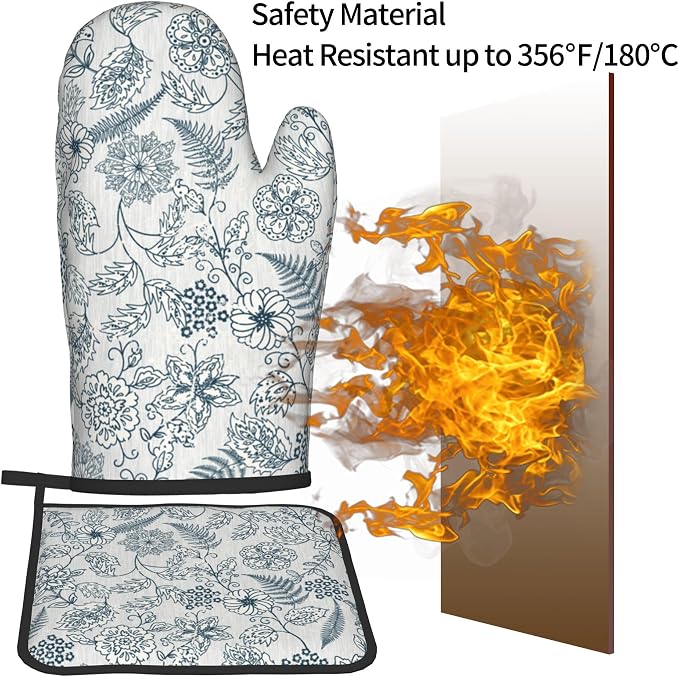 Blue Floral Oven Mitts Set – Vintage Pot Holders Kitchen Gloves - Image 5