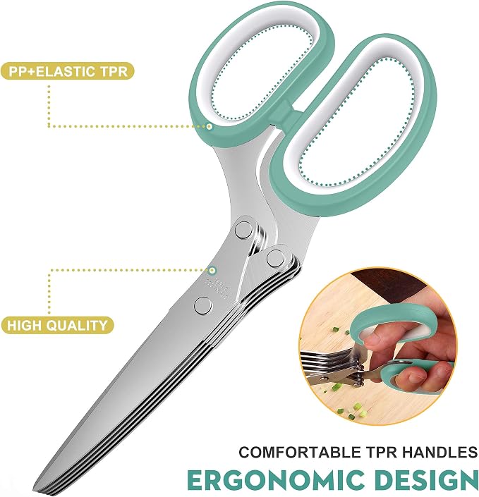 Herb Scissors with 5 Blades and Cover, Kitchen Herb Cutter with Cleaning Comb - Image 4