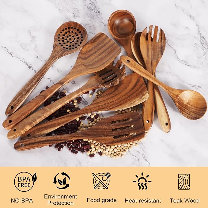 Wooden Spoons for Cooking – 9 Pc Teak Wood Utensil Set, Nonstick Safe & Heat - Image 6