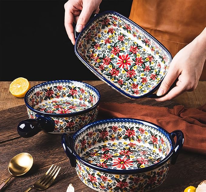 Red Daisy Flower Vintage Style Ceramic Bakeware Casserole Dish Baking Pan - Image 3