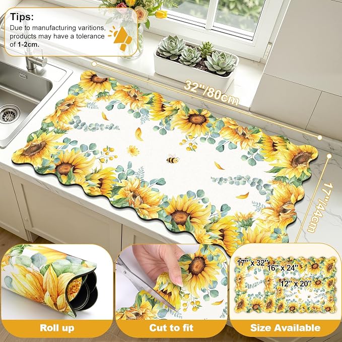 LOKHOM Scalloped Floral Dish Drying Mat, Cuttable Hide Stain Non-slip Drying Mat - Image 2