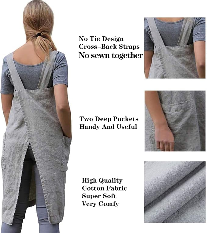 VLZUFE Cotton Linen Apron for women Cross Back Apron Pinafore Dress for Baking - Image 4