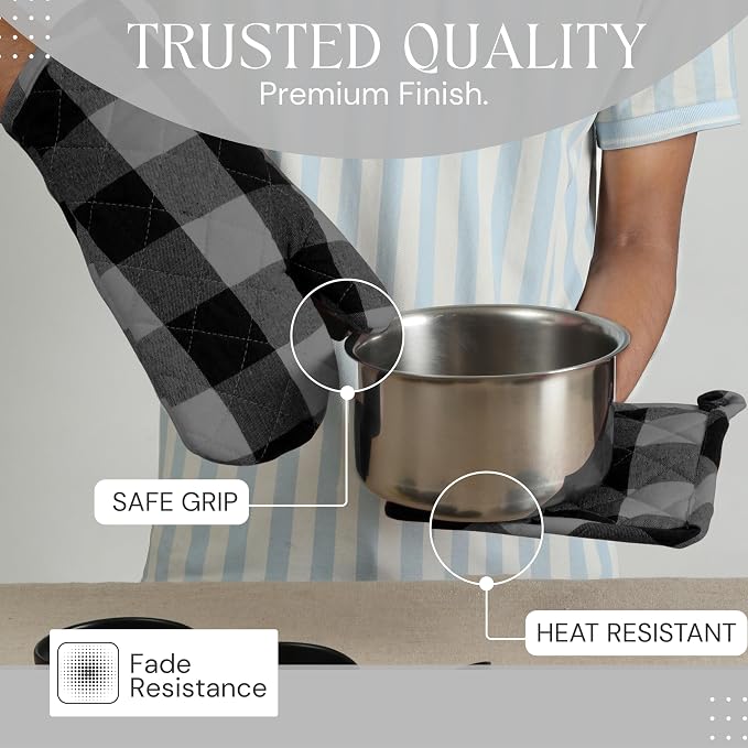 Buffalo Plaid Check Oven Mitts and Pot Holders Set, 100% Cotton, Heat Resistant - Image 2