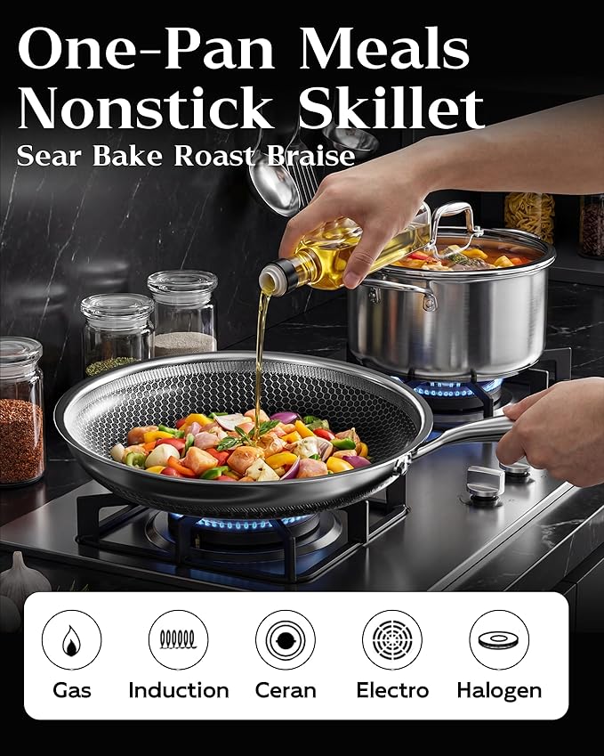 Nonstick Frying Pan Set, 8+10+12 Inch, Honeycomb Stainless Steel Skillet Pans - Image 3