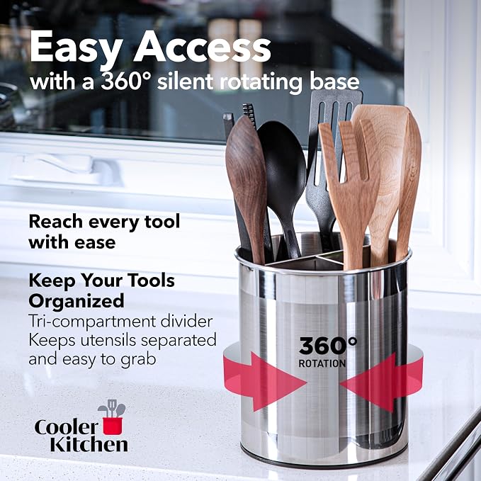 Cooler Kitchen Rotating Extra Large Stainless Steel Utensil Holder Caddy - Image 2