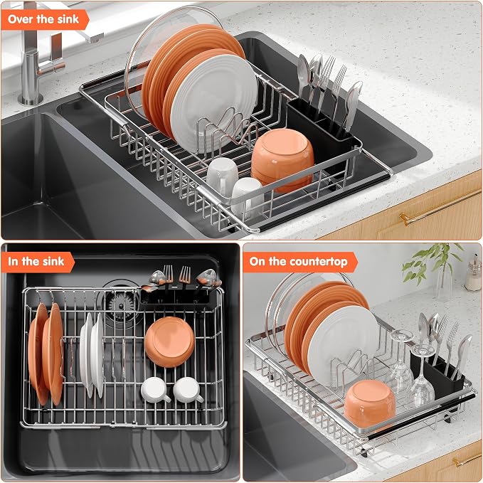 Expandable Over The Sink Dish Drainer Drying Rack In Stainless Steel Metal - Image 3