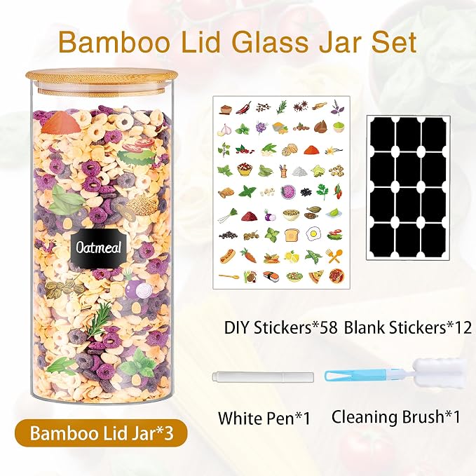 BGraceyy Glass Jars with Bamboo Lids, 58 oz 3 Pcs Kitchen Glass Containers with - Image 3