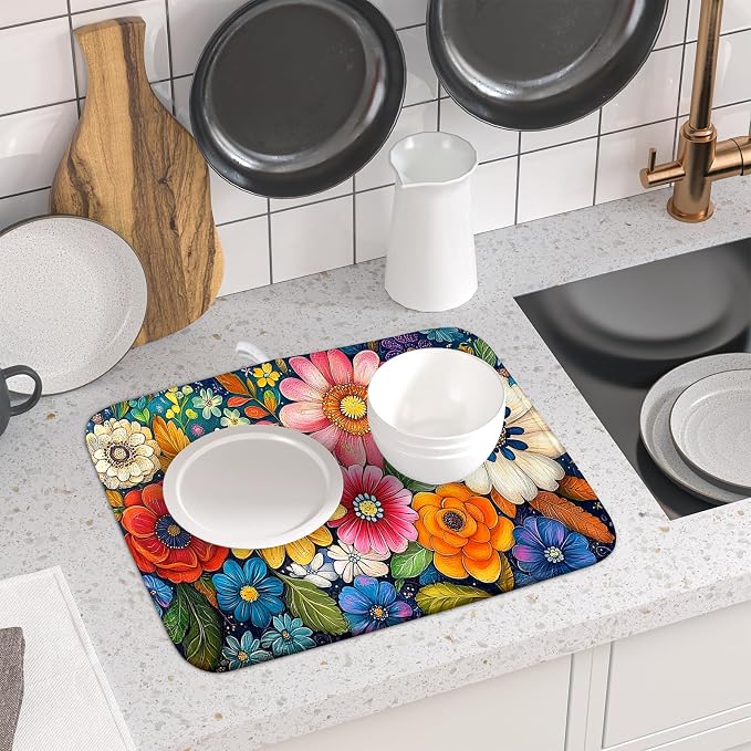 Giwawa Boho Flower Dish Drying Mat, Colorful Floral Leaf Dish Drainer Mats - Image 6