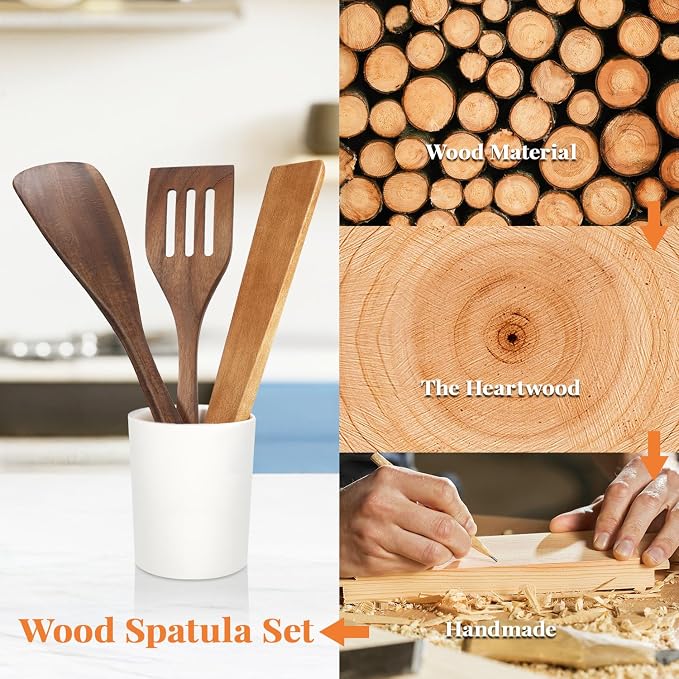 3Pcs Wooden Spatulas, Acacia Wood 12inch Long Handle Flat Frying Turner - Image 5