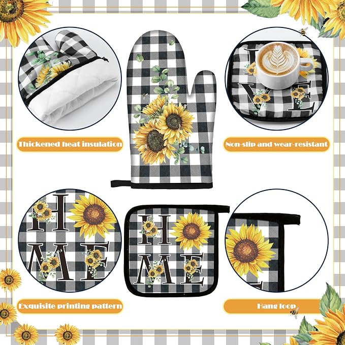 Fourluoo 10 Pcs Sunflower Kitchen Decor 4 White and Black Buffalo Plaid Kitchen - Image 5