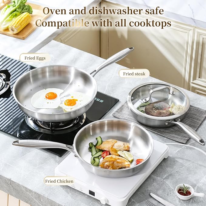DELARLO Tri-Ply Stainless Steel Pan, 18/10 Frying Pan, Oven Safe Up to 600°F - Image 5