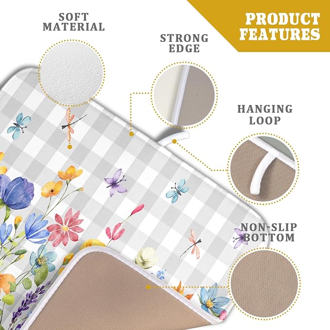 Giwawa Spring Floral Dish Drying Mat, Summer Flower Grey Buffalo Plaids Dish - Image 4
