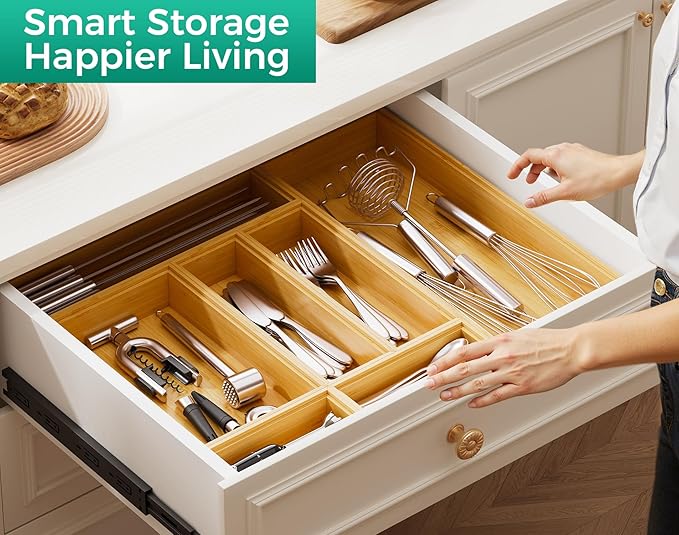 Bamboo Kitchen Drawer Organizer Boxes – 12" x 3" Stackable Wood Silverware - Image 4