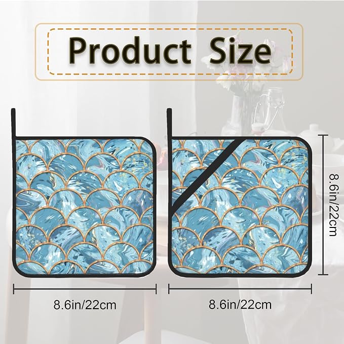 Mermaid Fish Scales Marble Pot Holder Set of 2, Heat Resistant Potholders Oven - Image 2