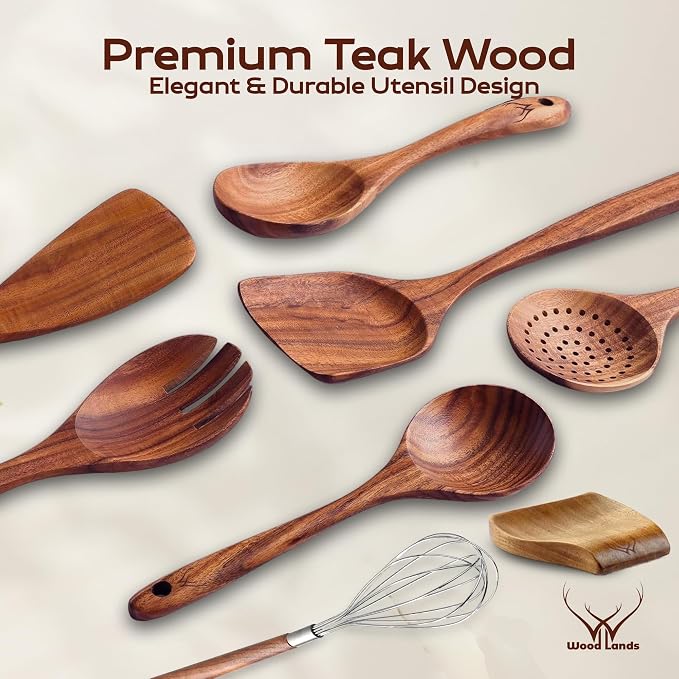 8 Pcs Teak Wooden Utensil Set – Premium Wooden Cooking Utensils Set, Natural - Image 2