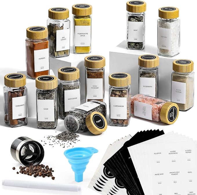 AOZITA 14 Pcs Spice Jars with Bamboo Lids - 4oz Square Spice Bottles with Spice - Image 2