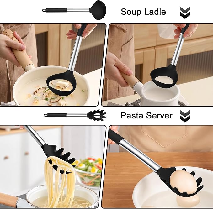 TeamFar Silicone Pasta Fork and Ladle Spoon Set, Serving Soup, Healthy & - Image 4