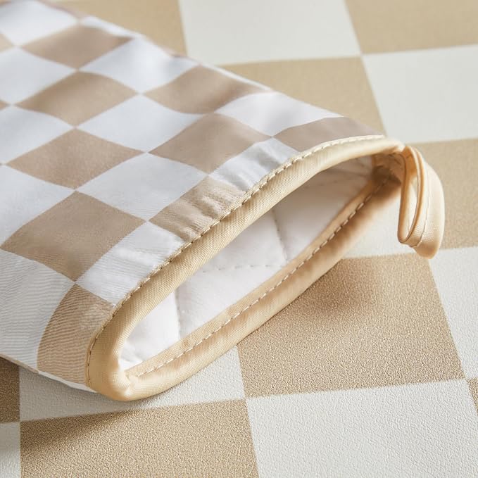 Ohocut Beige Checkered Oven Mitts Heat Resistant, Vintage Retro Checkerboard - Image 7