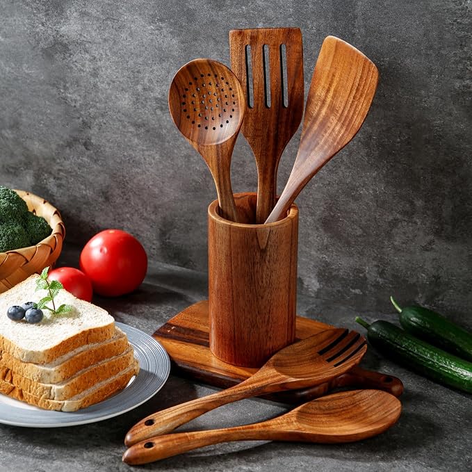 Teak Wooden Spoons for Cooking:6 Piece Wood Kitchen Utensils Set, Comfort Grip - Image 9