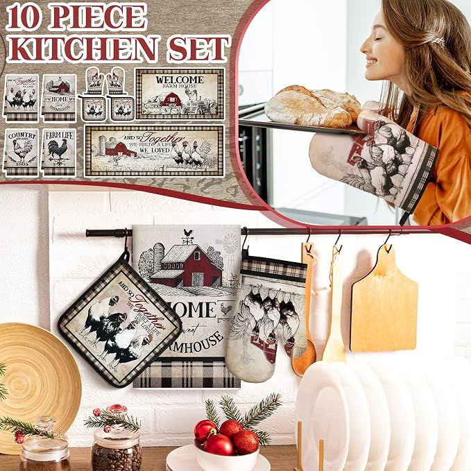 Fourluoo 10 Pcs Barn Chicken Kitchen Dish Towels Rugs Oven Mitts and Pot - Image 2
