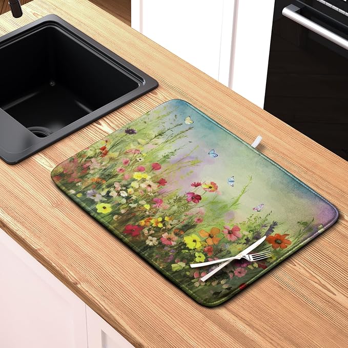 Spring Floral Dish Drying Mat for Kitchen Counter 16x18 Inch Sage Green Wild - Image 6