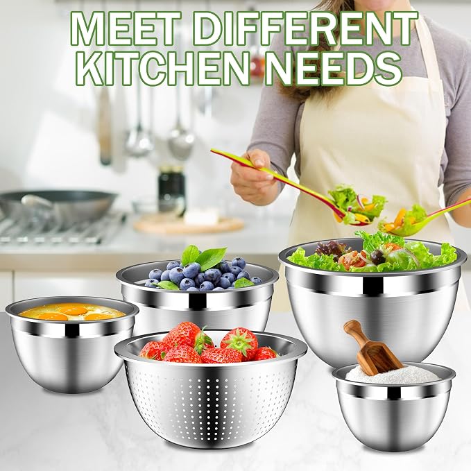 DUTZUN Mixing Bowls with Lids Set, Stainless Steel Mixing Bowl Set with Colander - Image 7