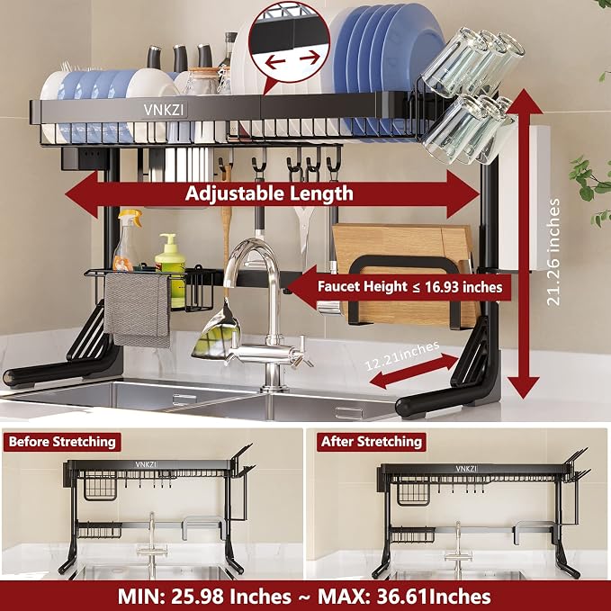 VNKZI Over Sink Dish Drying Rack, 2 Tier Stainless Steel Storage Adjustable - Image 2