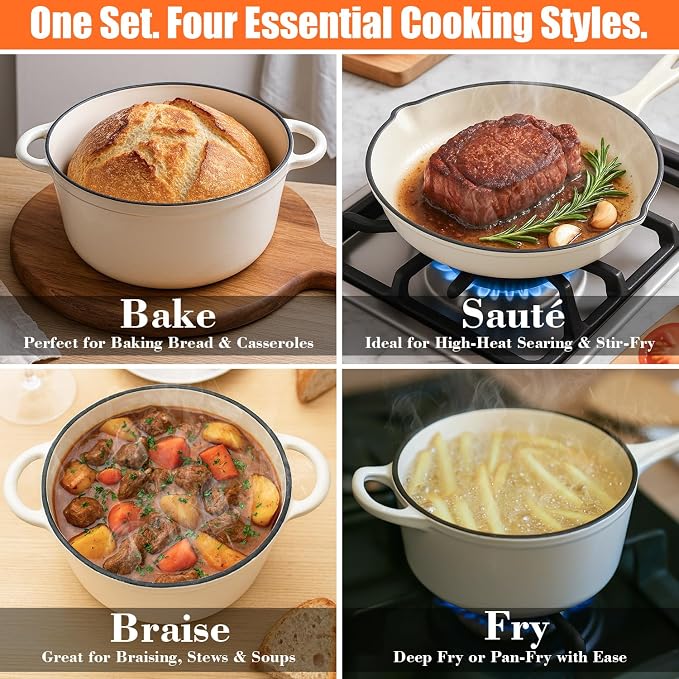 QuliMetal Nonstick Enameled Cast Iron Cookware Set, 5-Piece Pots and Pans Set - Image 4