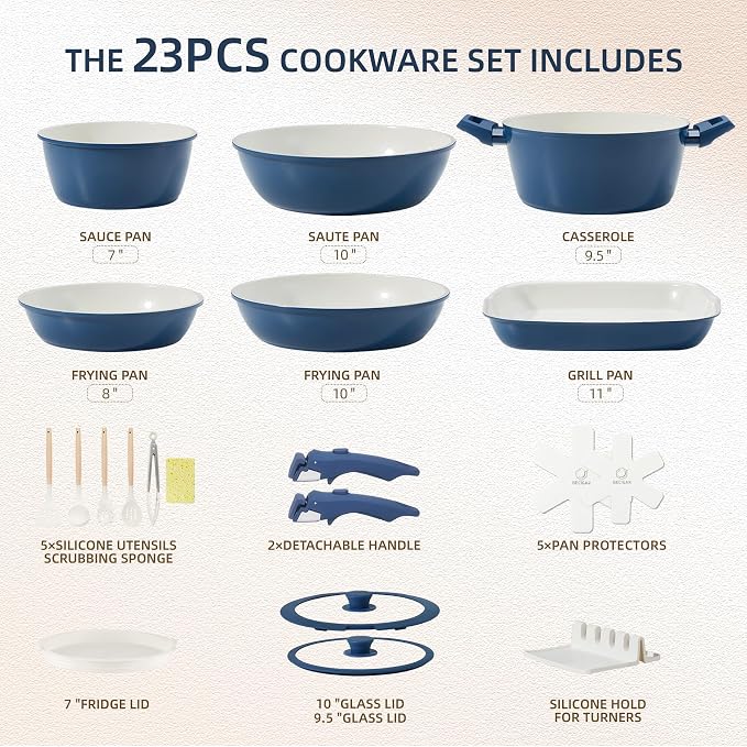 BECIGAR 23pcs Ceramic Pots and Pans Set, Nonstick Detachable Handle Cookware - Image 2