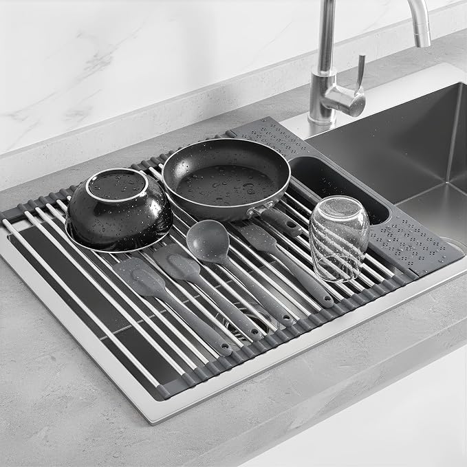 Roll Up Dish Drying Rack Over Sink, 17.5" x 15.2" Foldable SUS304 Stainless - Image 6