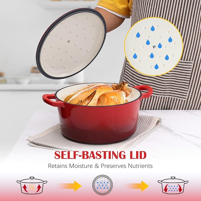 E-far Enameled Dutch Oven Pot for Bread Baking, 6QT Enameled Cast Iron Cookware - Image 5