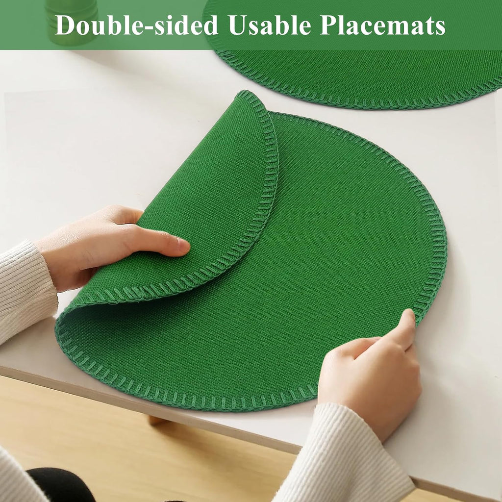 15" Round Placemats Set of 6, Faux Linen Cloth Place Mats, Green