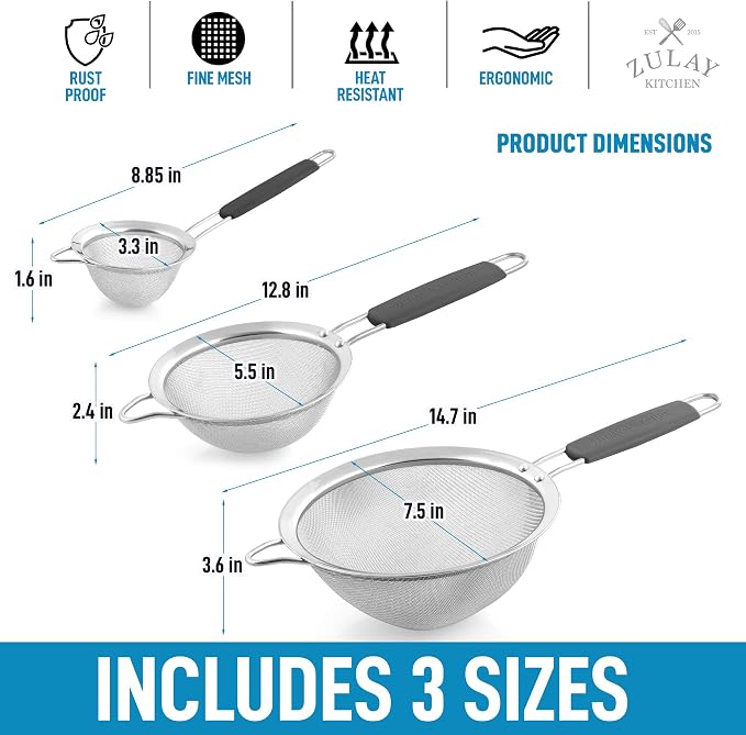 Zulay Kitchen Premium Stainless Steel Fine Mesh Strainer Set - Image 3