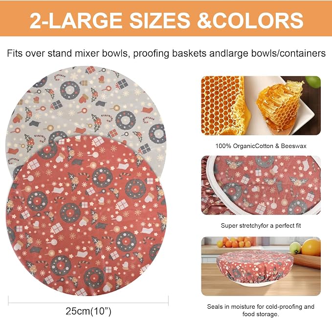 Reusable Bowl Covers for Bread Proofing（2 Large）- Cotton Beeswax Bowl Covers - Image 2