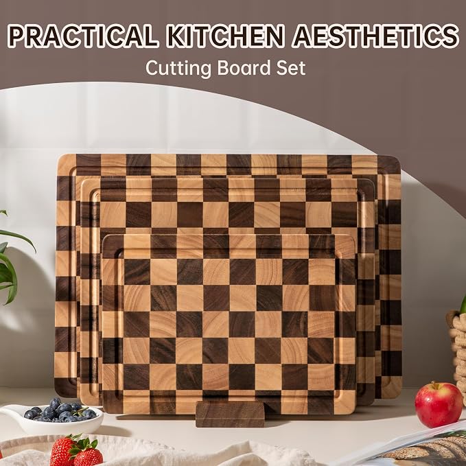 Checkered Cutting Boards for Kitchen, Wooden Cutting Board Set, Acacia Chopping - Image 5