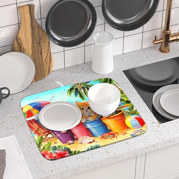 Lovely Cat Dish Drying Mat for Kitchen Counter Holiday Beach Absorbent Coffee - Image 6
