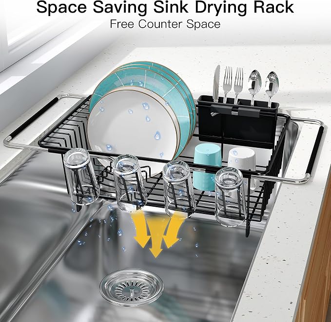 Dish Drying Rack Over the Sink In Stainless Steel Black Expandable Drainer - Image 6