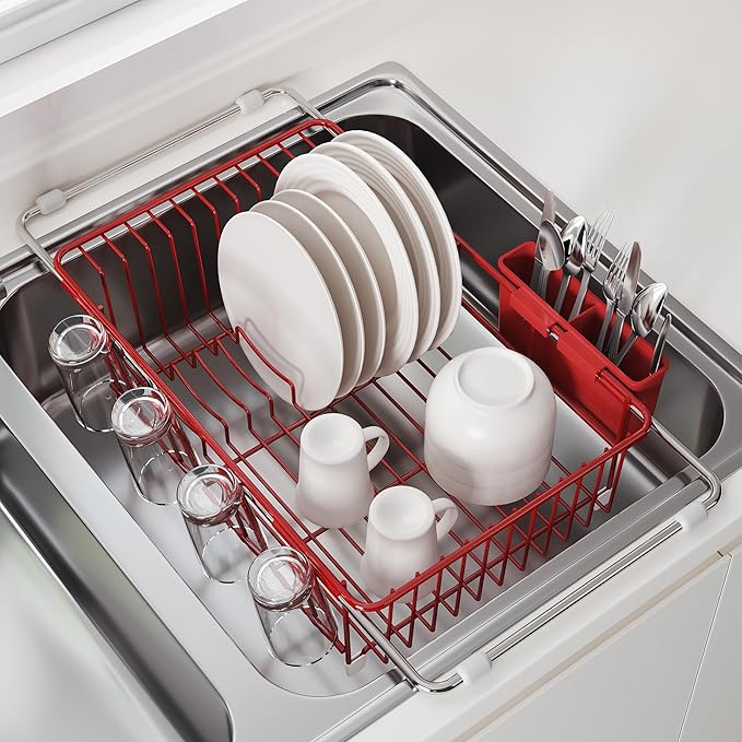 JASIWAY Red in Sink Dish Drying Rack, Expandable Stainless Steel Small Dish by JASIWAY