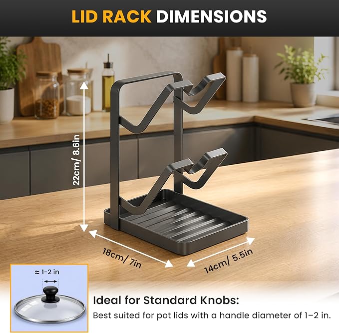 Pot Lid Holder with Removable Drip Tray, Kitchen Pot Lid Storage Rack - Image 2