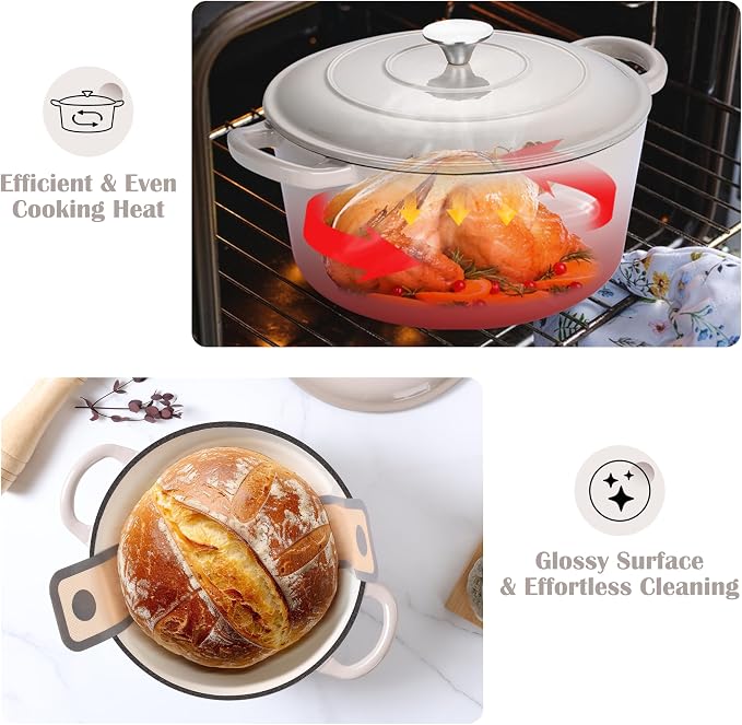 E-far Enameled Dutch Oven Pot for Bread Baking, 6QT Enameled Cast Iron Cookware - Image 6