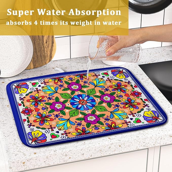 Mexican Talavera Dish Drying Mat Navy Blue Microfiber Dish Drain Pad - Image 7