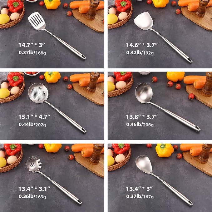 18/10 Stainless Steel Kitchen Utensils Set, Skimmer Spoon, Pasta Serve - Image 2