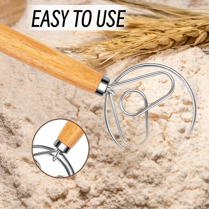 Danish Dough Whisk with Dough Hook Stainless Steel Wooden Handle - Image 2